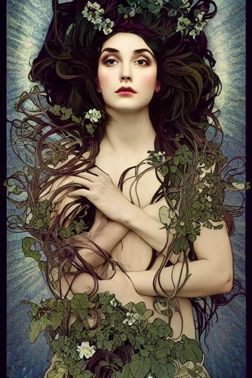 Image similar to a goddess of dark flowers!! hair in the wind! with a beautiful symmetrical face!!! cinematic lightning, murky dusty deep, smoky eyes, isolated, studio lighting by alphonse mucha and tom bagshaw