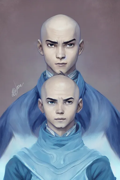 Image similar to Portrait of Aang,blue arrow paint going down his head, by Charlie Bowater