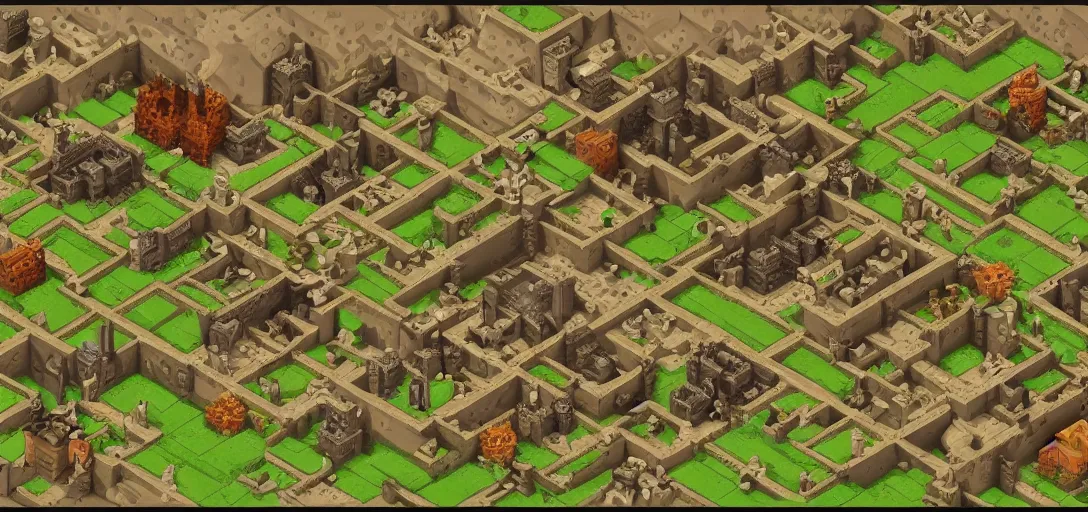 Prompt: isometric medieval game in the style of minecraft