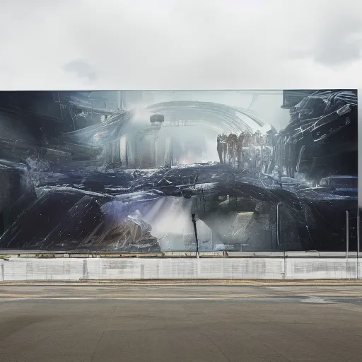 Image similar to sci-fi wall structure logotype and car on the coronation of napoleon and digital billboard in the middle in dark atmosphere by Ruan Jia Sheng Lam