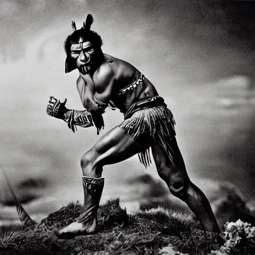 Image similar to Maori warrior during ancient extreme sports by david lachapelle, old photo, black and white, vintage