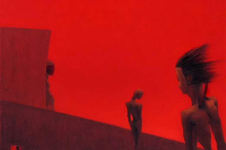 Image similar to only with red, a red cyborg samurai, tokio futuristic in background, some evil yokai, in the style of beksinski, parts by edward hopper, parts by rodcenko, parts by yue minjun, intricate and epic composition, red by caravaggio, insanely quality, highly detailed, masterpiece, red light, artstation, 4 k