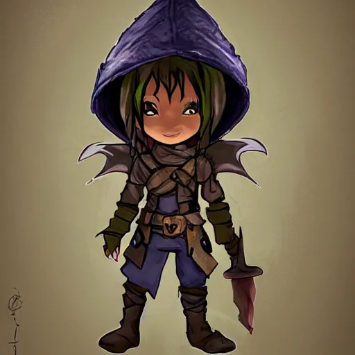 Prompt: cute tiny goblin girl wearing hunter armor from Bloodborne and a wizard hat, geeen skin, d&d, chibi