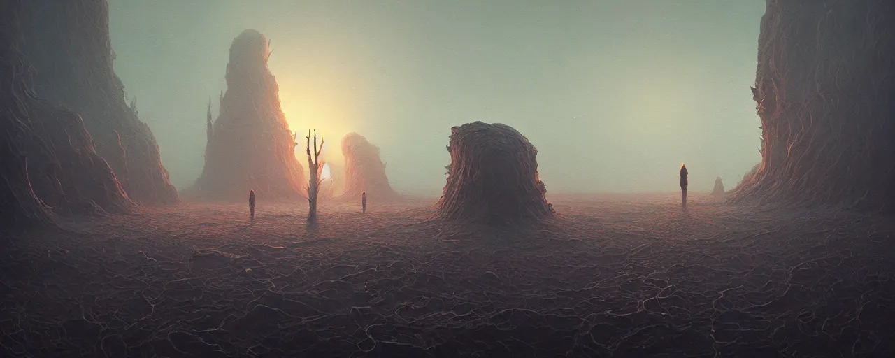 Image similar to ultra realist muted colors horror painting of a dimly lit alien landscape, very intricate details, focus, full frame image, high contrast, artwork by tooth wu and wlop and beeple and greg rutkowski, award winning