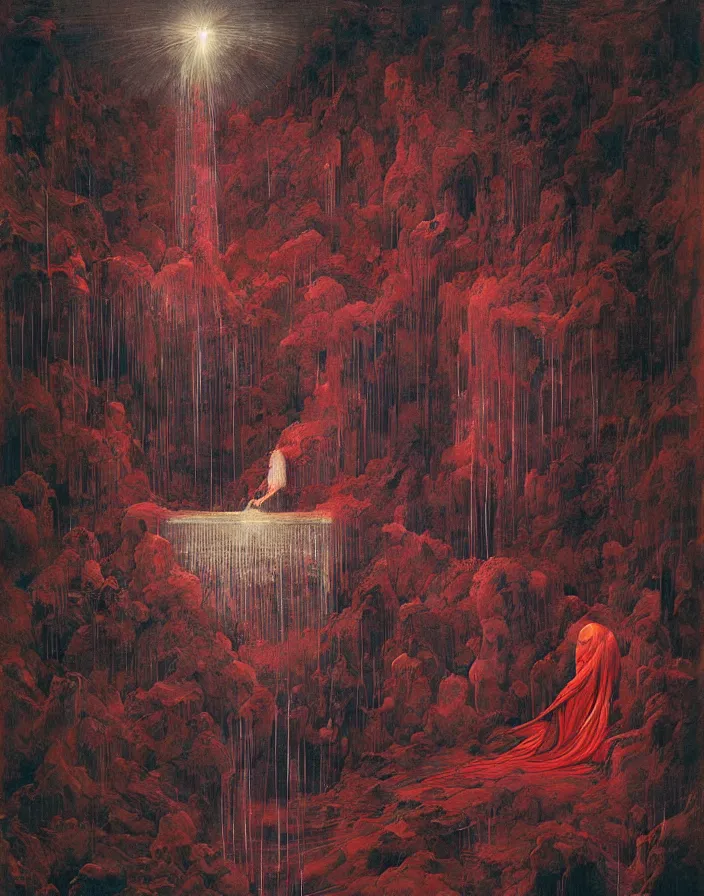 Image similar to worshippers in robes holding a very large crystal tesseract radiating white light, interior of a small room, glowing crystal tesseract!!!!!!!!!!!!!!!!!!, beksinski painting, part by adrian ghenie and gerhard richter. art by takato yamamoto. masterpiece, deep colours