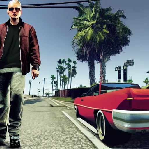 Prompt: Slim Shady in GTA V cover, rockstar games, no text,