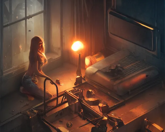 Image similar to awoke to the violent crunch of metal on wood, radiator, sweet smells of antifreeze and gasoline, by wlop, artgerm, greg rutkowski, volumetric lighting, movie poster pixar