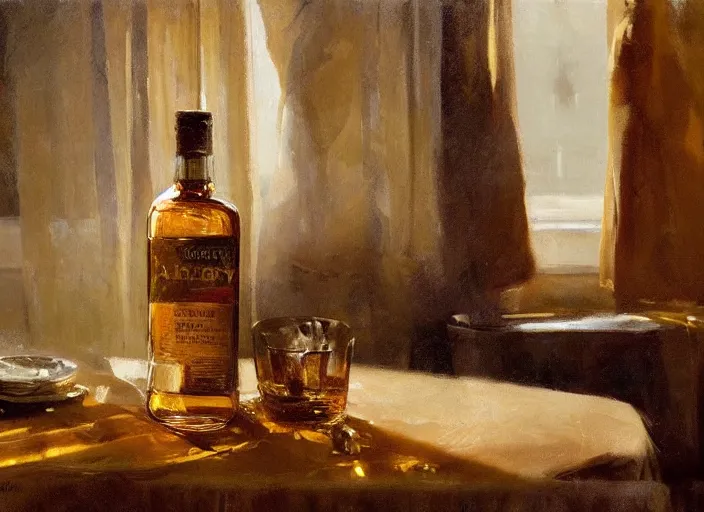 Image similar to oil painting of whiskey bottle, barley grain, art by anders zorn, wonderful masterpiece by greg rutkowski, beautiful cinematic light, american romanticism by greg manchess, creation by tyler edlin, folds of fabric, tablecloth, curtains