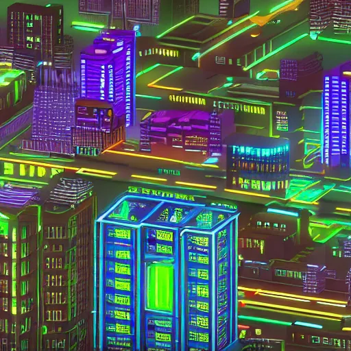 Image similar to Huge cyberpunk city with tall buildings and neon lights. HD.