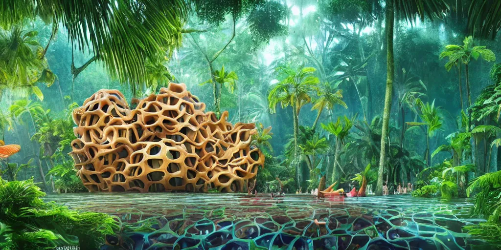 Image similar to of a tropical rainforest lake with strange cute friendly happy creatures with huge eyes, mouth, long tongue, round teeth and goofy face, appearing from the trees, in the style of gehry and gaudi, macro lens, shallow depth of field, ultra detailed, digital painting, trending artstation, concept art, illustration, cinematic lighting, photorealism, epic, octane render