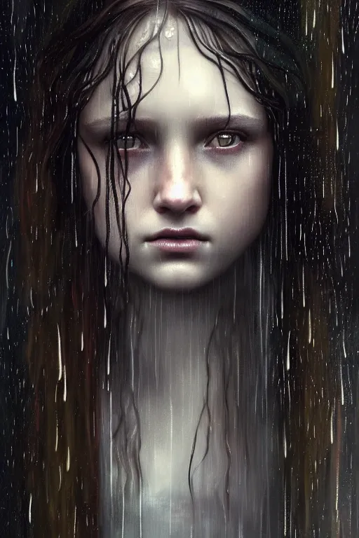 Image similar to portrait of a girl in the upside down rain with wet hair and face, fantasy, intricate, elegant, dramatic lighting, emotionally evoking symbolic metaphor, highly detailed, lifelike, photorealistic, digital painting, artstation, concept art, smooth, sharp focus, illustration, art by John Collier and Albert Aublet and Krenz Cushart and Artem Demura and Alphonse Mucha