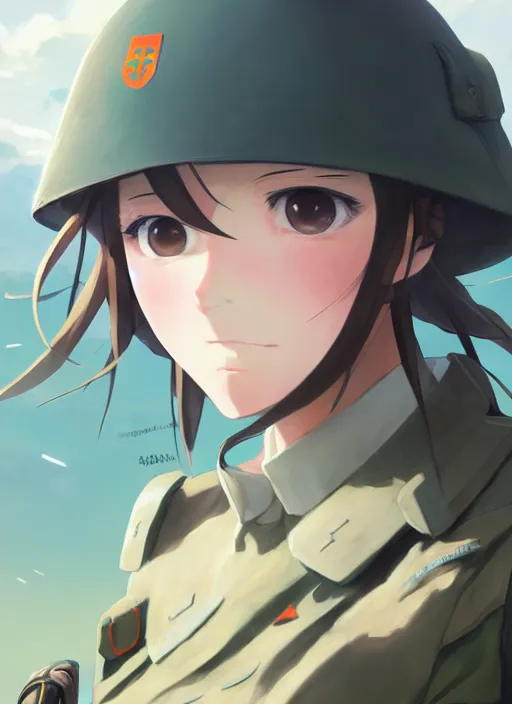 Image similar to portrait of cute soldier girl, cloudy sky background lush landscape illustration concept art anime key visual trending pixiv fanbox by wlop and greg rutkowski and makoto shinkai and studio ghibli and kyoto animation soldier clothing military gear realistic anatomy pale skin