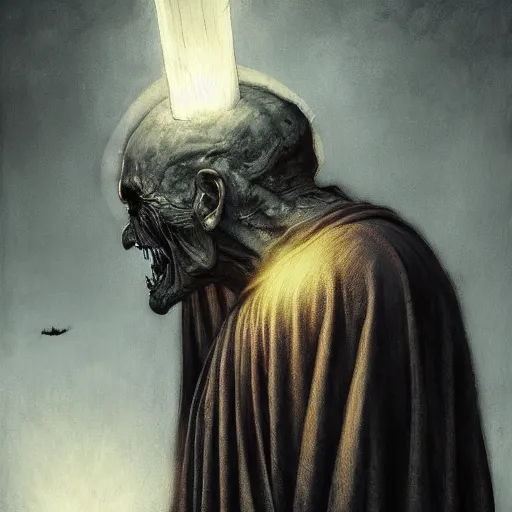 Image similar to a painting of a portrait of the high pontifex of pain with a halo on his head, golden halo, a detailed painting by santiago caruso, official art by greg rutkowski, a character portrait by seb mckinnon,, gothic art, apocalypse art, antichrist, grotesque, elder, skin, gouache, sinew, artstation