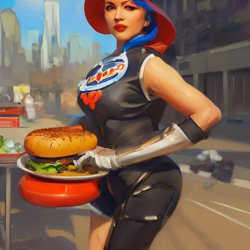 Image similar to greg manchess portrait painting of new york hotdog stand overwatch character, medium shot, asymmetrical, profile picture, organic painting, sunny day, matte painting, bold shapes, hard edges, street art, trending on artstation, by huang guangjian and gil elvgren and sachin teng