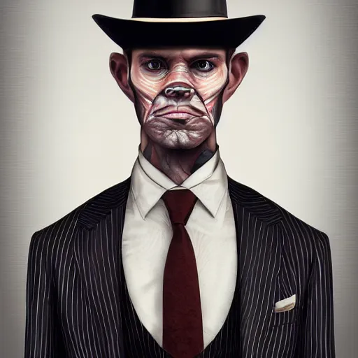 Prompt: a upper body portrait of a deer lord in a pinstriped suit and pants wearing a fedora by artgerm and wlop, intricate detail, digital art, photorealistic, trending on artstation