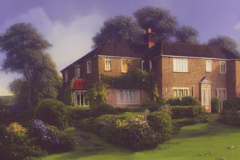 Image similar to vaporwave, an estate agent listing photo, external view of a 5 bedroom detached countryside house in the UK, by Paul Lehr