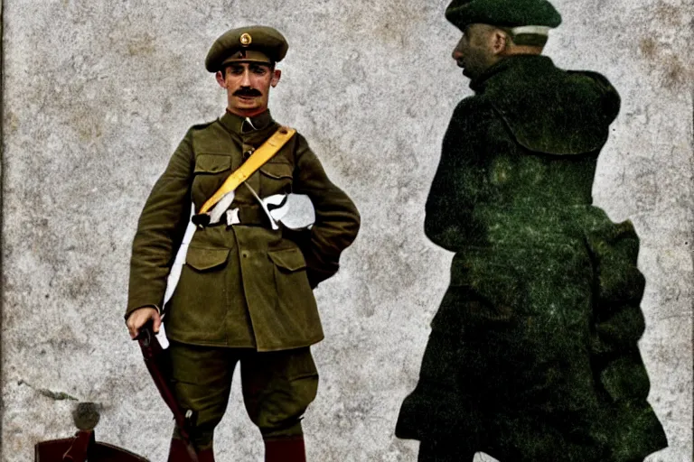 Image similar to Luigi as a world war I soldier, photograph, colorized, damaged