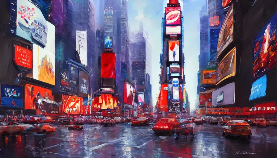 Image similar to times square cinematic shot, oil painting by jama jurabaev, extremely detailed, brush hard, artstation, for aaa game, high quality, brush stroke