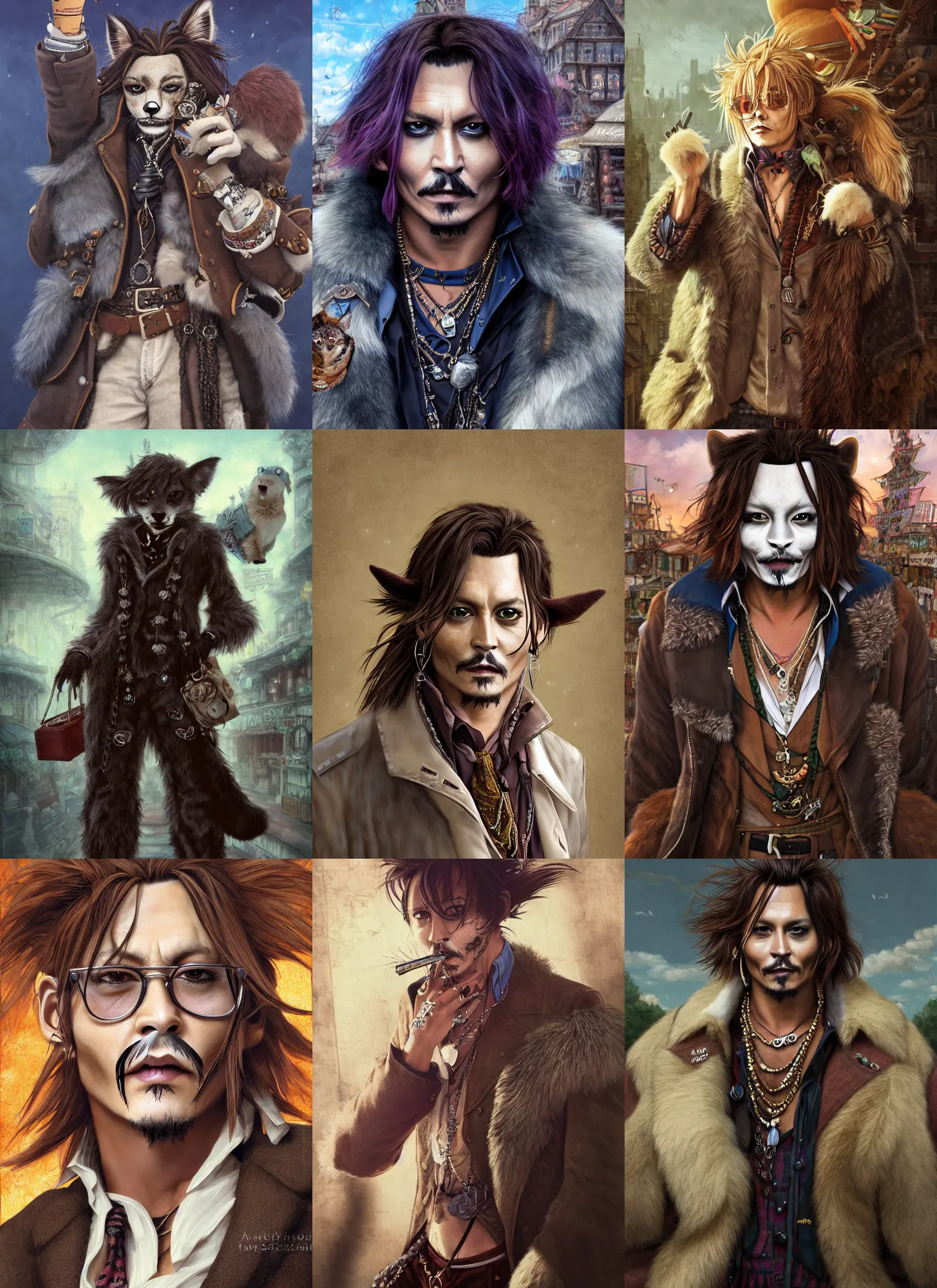 Prompt: furry fursona!!!, full body character portrait of johnny depp with gorgeous detailed eyes in the marketplace in the sky, color page, tankoban, 4 k, tone mapping, doll, akihiko yoshida, james jean andrei riabovitchev marc simonetti, yoshitaka amano, long hair, curly, h. hydrochaeris