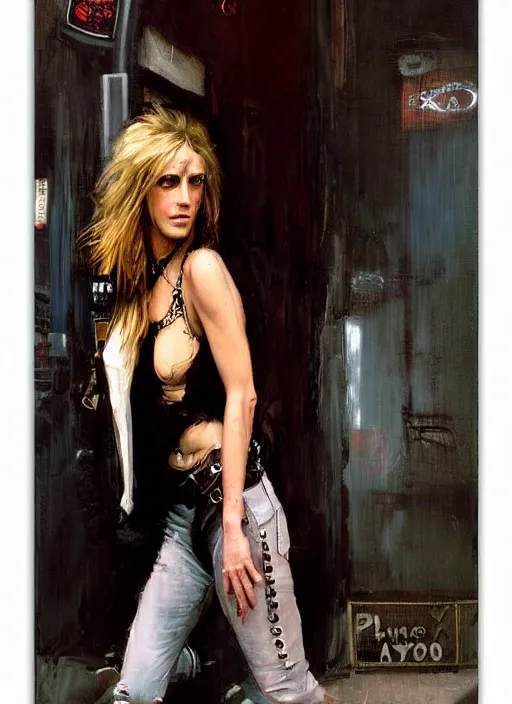 Image similar to androgynous glam rocker outside cbgb in the style of phil hale, sfumato Orientalist portrait by john william waterhouse, moebius oil on canvas. Cinematic, hyper realism, realistic proportions, dramatic lighting, high detail 4k