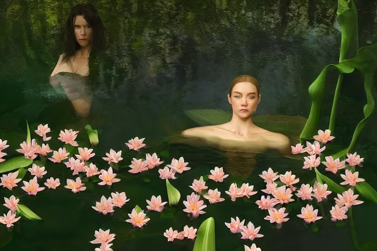 Image similar to hyperrealistic cinematic 3 d close up portrait of a woman's head and shoulders floating in a pond, detailed facial features, surrounded by a forrest of lillies, deep focus, intricate, elegant, by bill henson and gregory crewdson and james jean