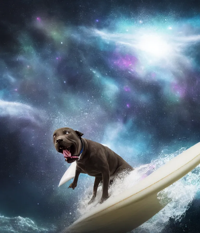 Image similar to photo of a dark gray coat pit bull with a white paws and a white nose!, surfing on a surfboard in a crashing wave of alien galaxy, trending on art station, ocean in space, background is an alien galaxy, aliens in the background, alien colors, octane render, unreal engine, wide view, 8 k, highly detailed