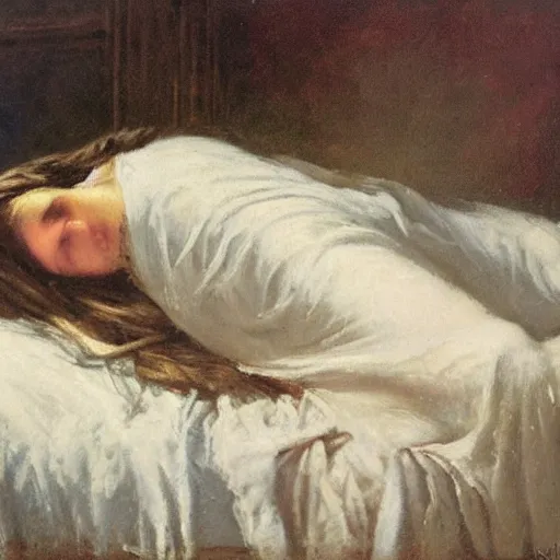 Prompt: or in that sleep of death what dreams may come,, victorian, oil