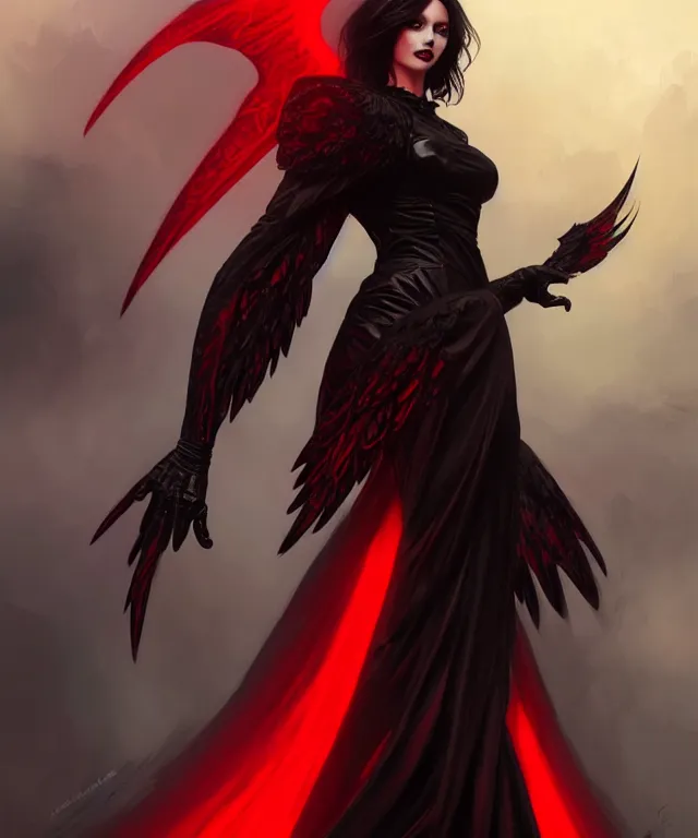 Prompt: Female dark angel in gothic red and black dress, their black wings are extended, highly detailed, digital painting, artstation, concept art, smooth, sharp focus, illustration, art by artgerm and greg rutkowski and alphonse mucha