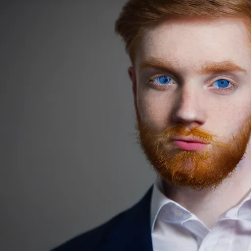 Image similar to Blue eyed ginger 23 year old man with stubble, corporate portait, headshot, profile