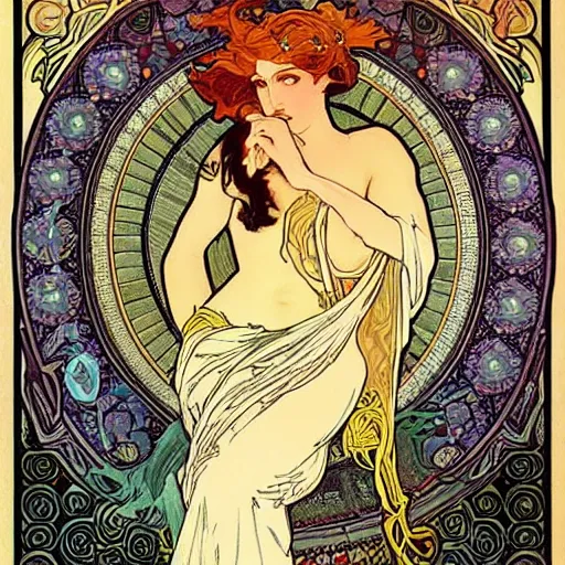 Image similar to persephone as godess of deth, painted by alphonse mucha