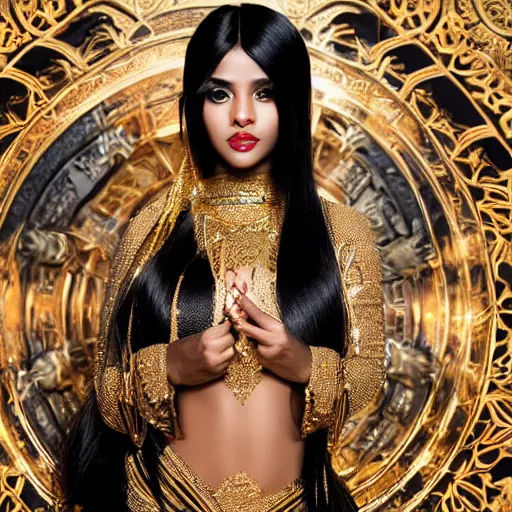 Prompt: aesthetic!!!!!! Female genie in Arabic clothing, black skin, long black hair, gold tint, frontal pose, cinematic lighting, silk, fabric, full-length view, graphex camera, symmetrical balance, in-frame, bokeh!!!!!!