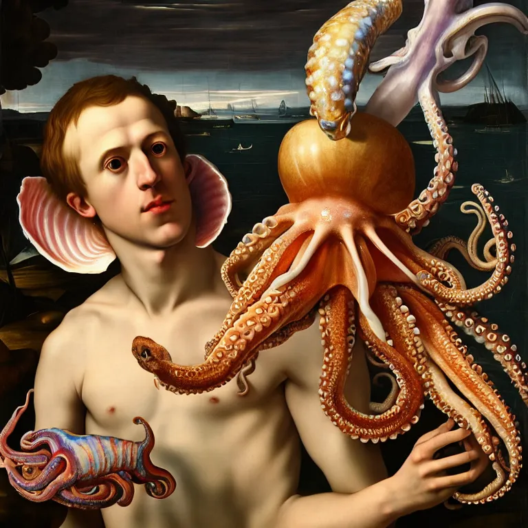 Image similar to young white man standing in a shell, holding a squid, octopus, sea in the background, beautiful baroque portrait painting, psychedelic, trippy, hallucination, dream, beautiful detailed intricate insanely detailed octane render trending on Artstation, 8K artistic photography, photorealistic, chiaroscuro, Raphael, Caravaggio,