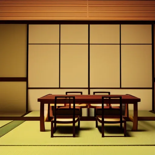 Image similar to still photo of a japanese dining room, highly detailed, photorealistic portrait, bright studio setting, studio lighting, crisp quality and light reflections, unreal engine 5 quality render