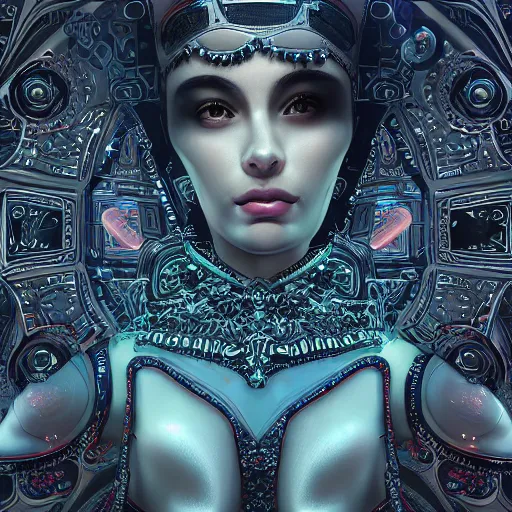 Image similar to the portrait of an absurdly graceful, sophisticated, fashionable ottomanpunk robotess idol, an ultrafine hyperdetailed illustration by kim jisu, intricate linework, neon wiring, porcelain skin, unreal engine 5 highly rendered, global illumination, radiant light, detailed and intricate environment, by rutkowski, artgerm, marvel comics