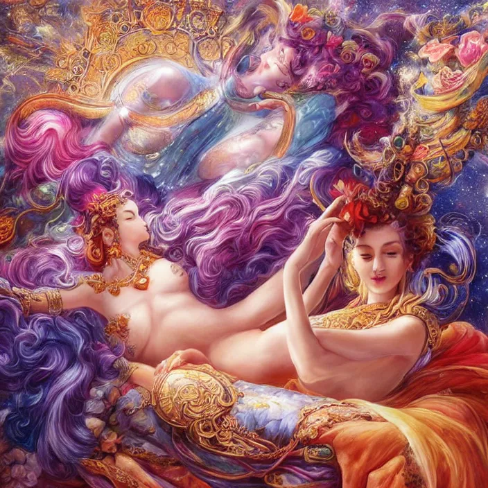 Prompt: a celestial goddess on her day off catching up on social media in bed, magic realism, art by josephine wall, art by huang guangjian, art by viktoria gavrilenko, art by amanda sage, trending on artstation