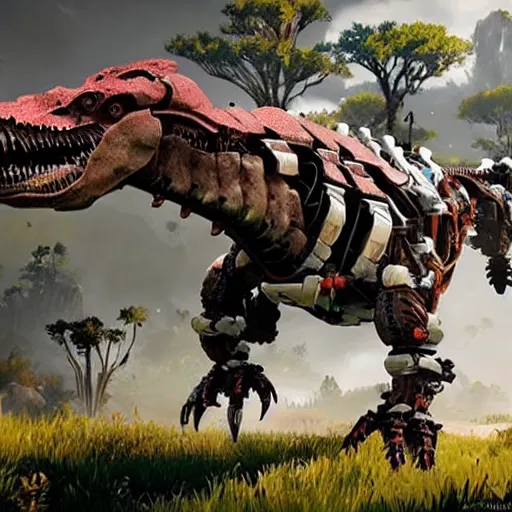 Image similar to gameplay of horizon zero dawn, si - fi robotic tyrannosaurus rex, highly detailed