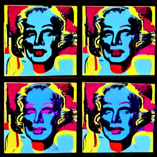 Image similar to old - style cyborg, 6 panels by andy warhol, with highly contrasted colors and an illuminating background