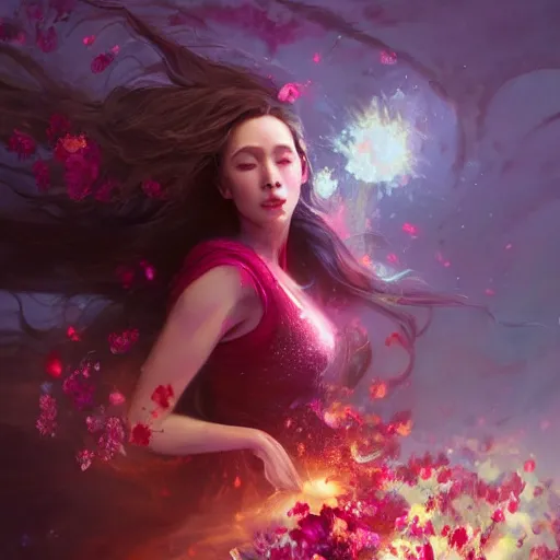 Image similar to scarlet witch in a swirling sundress of flowers, floral explosion, radiant light, vortex of plum petals, oil painting, Tooth Wu, Greg Rutkowski, RPG portrait, dynamic lighting, fantasy art, High contrast, depth of field