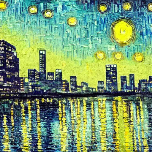 Prompt: painting of a cyberpunk city with high tech and flying cars in the style of vincent van gogh