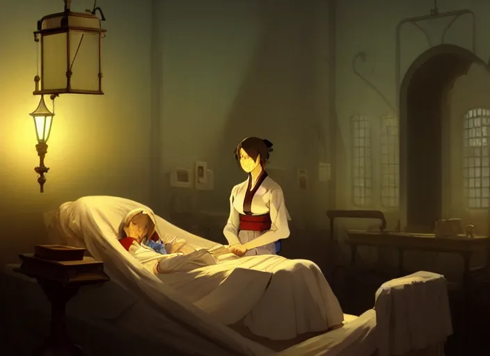 Image similar to 1 8 5 4 crimea, florence nightingale holding lamp, army hospital in scutari at night, wounded patients in beds on both sides of hospital ward, dirty floor, grimy walls, finely detailed perfect art, painted by greg rutkowski makoto shinkai takashi takeuchi studio ghibli