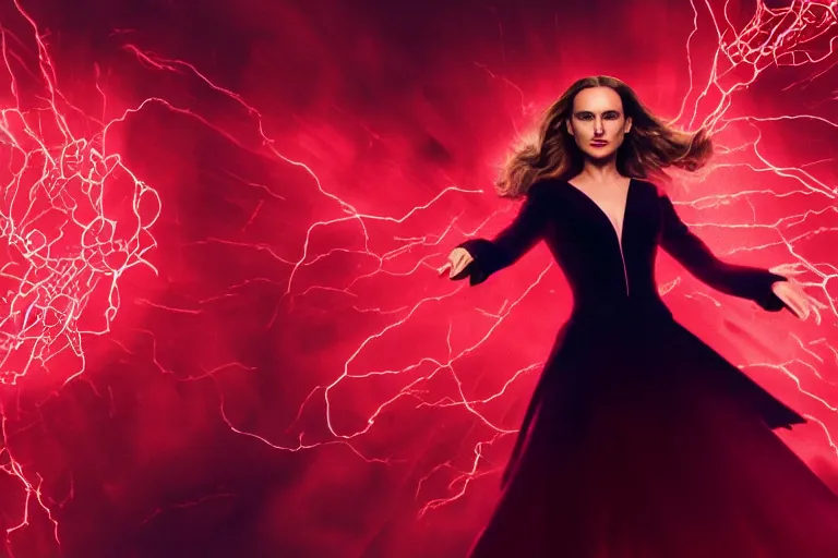 Image similar to film still of Natalie Portman as Scarlett Witch flying in red clouds casting a hex surrounded by glowing glyphs in Multiverse of Madness, 4k