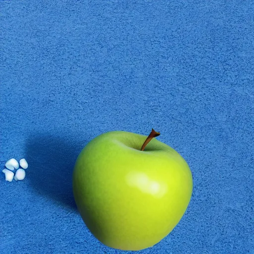 Prompt: a white cat paw holding a light blue apple, close up, with a field in the background, unreal engine