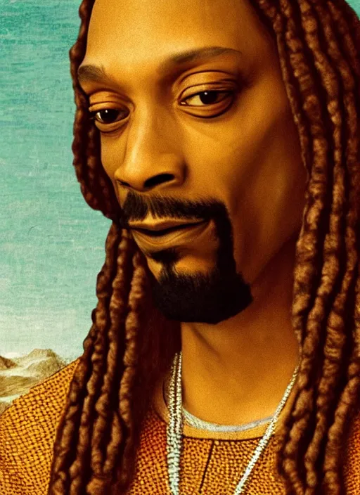 Image similar to a very high resolution image from a new movie, snoop dogg. drawn by leonardo da vinci. mountains, directed by wes anderson