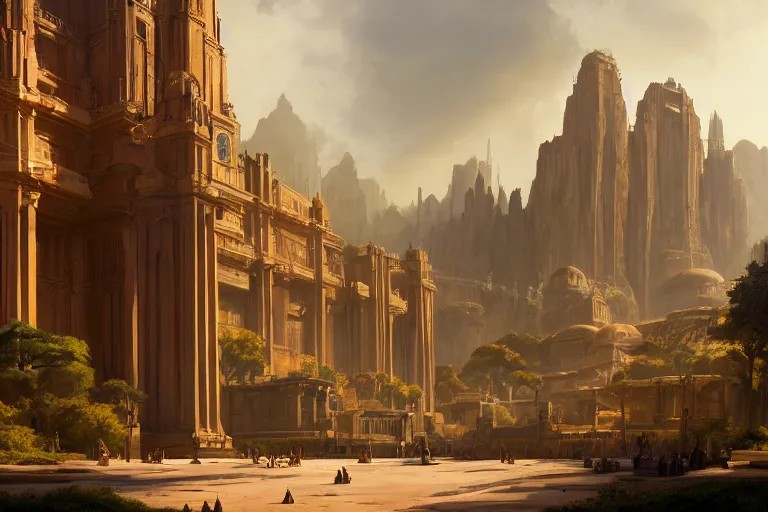 Image similar to city of theed on the planet naboo, star wars matte painting, long shot, concept art, wide shot, digital art, trending on artstation, 4 k, extremely detailed, realistic, midday, warm colors, golden sunlight, by greg rutkowski, cinematic, epic