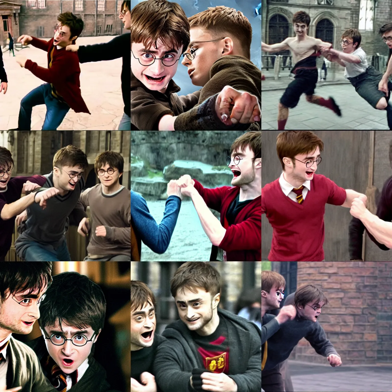 Prompt: daniel radcliffe punching harry potter in the face, video still