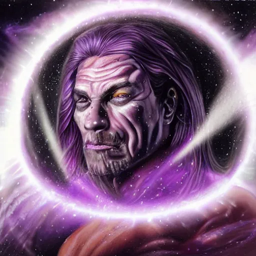 Image similar to detailed realistic painting of a man with well defined muscles made of purple space dust wielding a dark purple cosmic orb in each hand, planetary rings orbit his wrists and he has long flowing purple hair obscuring his face made of deep purple stardust, bright white lens flare peeking through his hair where his eye would be, staring at viewer