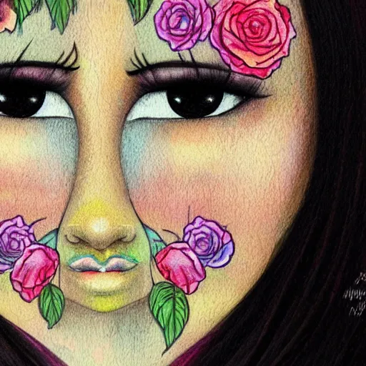 Prompt: portrait of beautiful woman by jeremiah ketner, detailed, textured hair, flowers