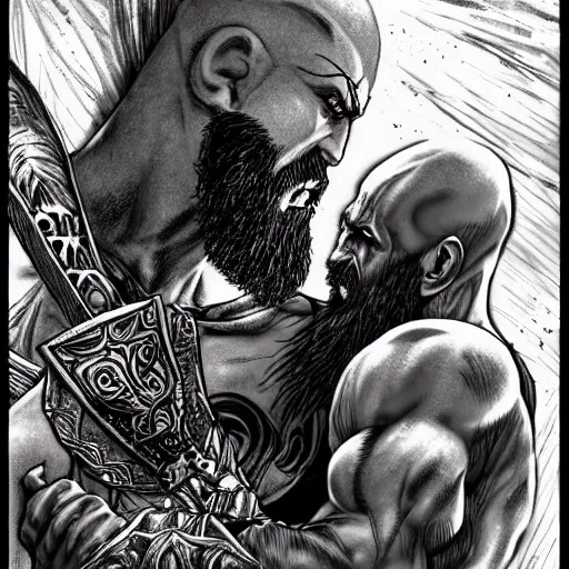 Image similar to god of war, kratos, fight scene still, manga, detailed drawing, featured on pixiv, gothic art, official art, by kentaro miura