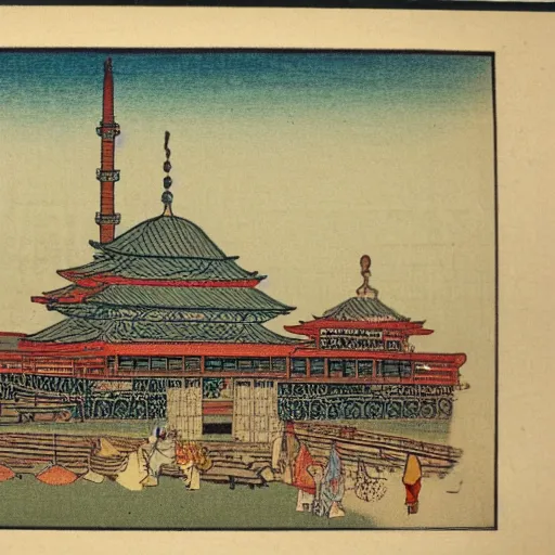 Prompt: late meiji period, colored woodblock print, mosque, minarets