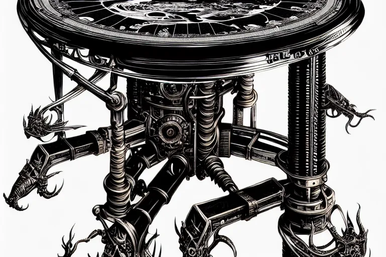 Prompt: a majestic steampunk table legs, high details, bold line art, by vincent di fate and joe fenton, inking, etching, screen print, masterpiece, trending on artstation, sharp, high contrast, hyper - detailed,, hd, 4 k, 8 k